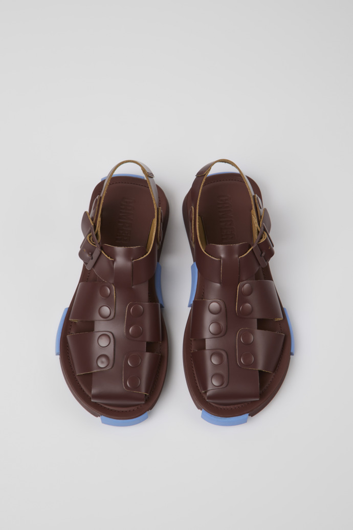 Overhead view of Set Burgundy leather sandals for women