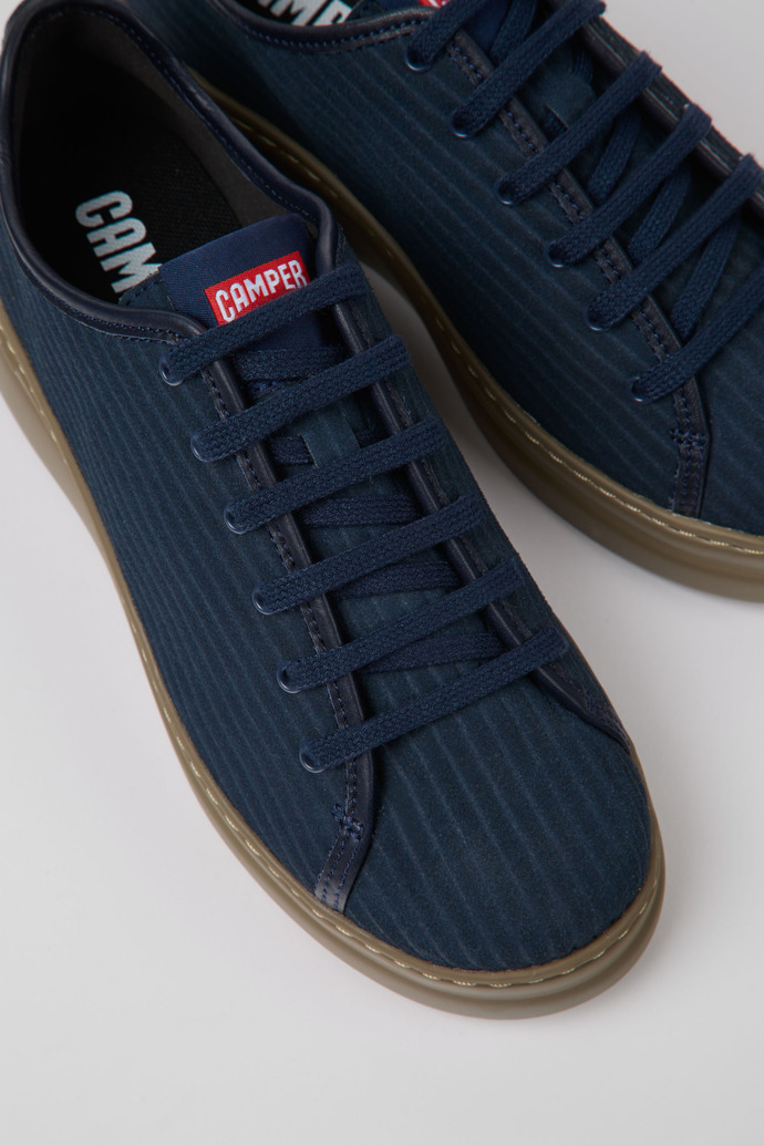 Close-up view of Runner Up Blue recycled leather sneakers for women