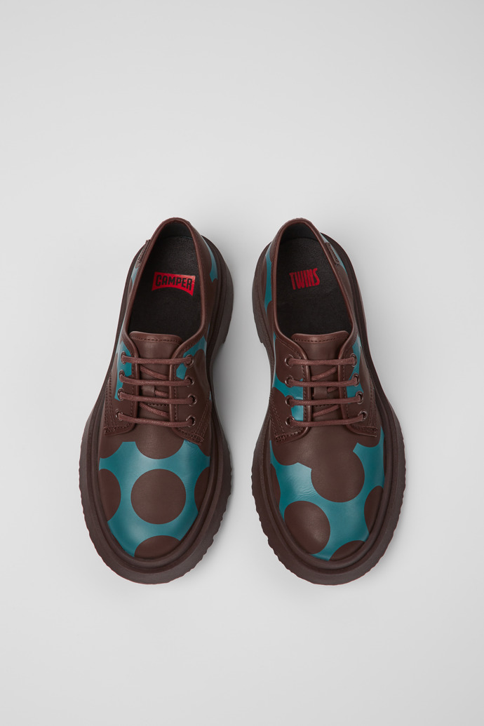 Image of Overhead view of Twins Burgundy and blue leather shoes for women
