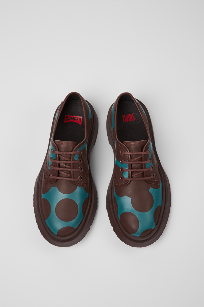 Overhead view of Twins Burgundy and blue leather shoes for women