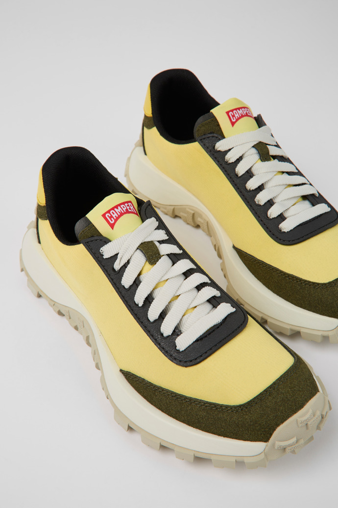 Close-up view of Drift Trail Yellow textile and nubuck sneakers for women