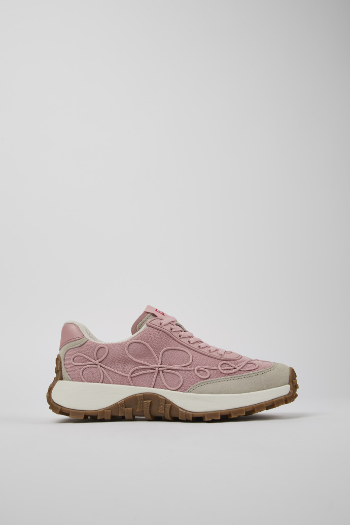 Image of Side view of Drift Trail VIBRAM Pink textile and nubuck sneakers for women