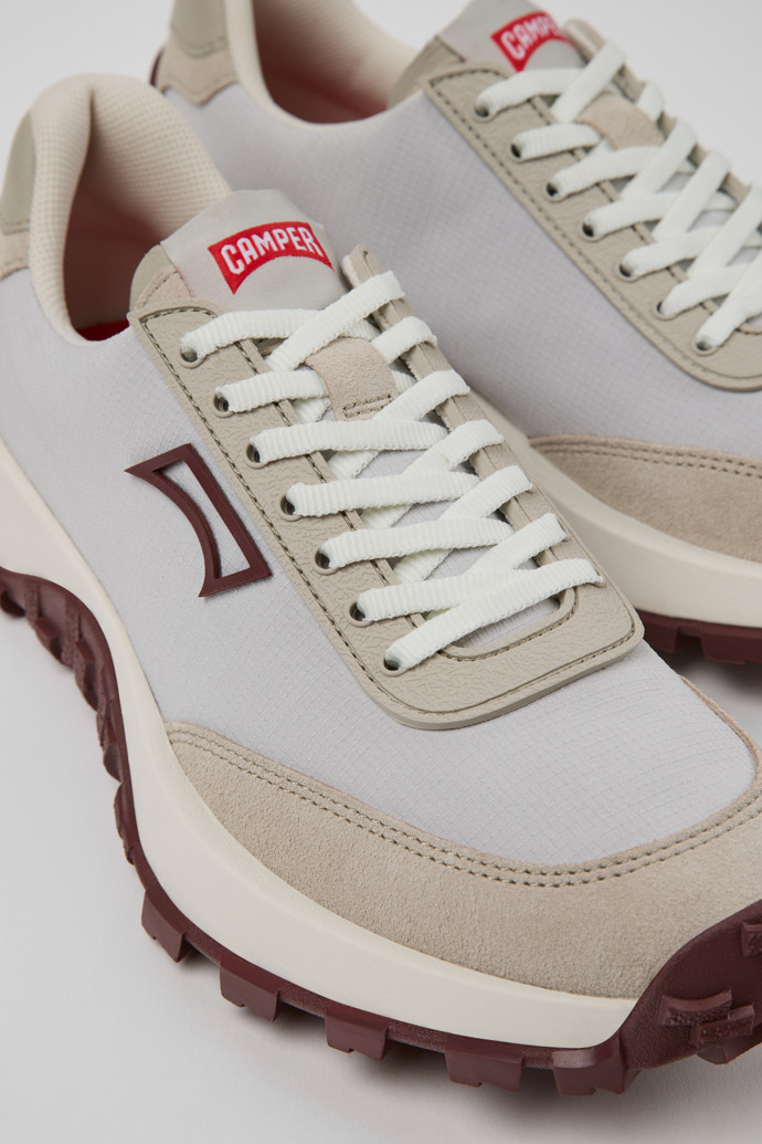 Close-up view of Drift Trail Gray Textile and Leather Nubuck Sneakers for Women.