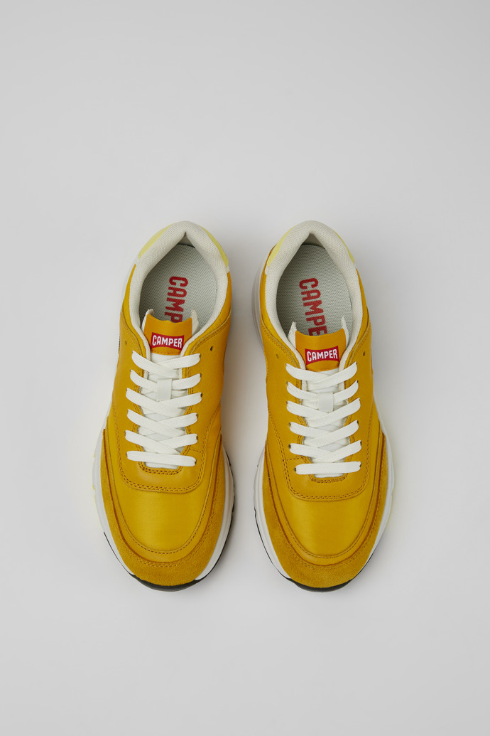 Overhead view of Drift Yellow textile and leather sneakers for women