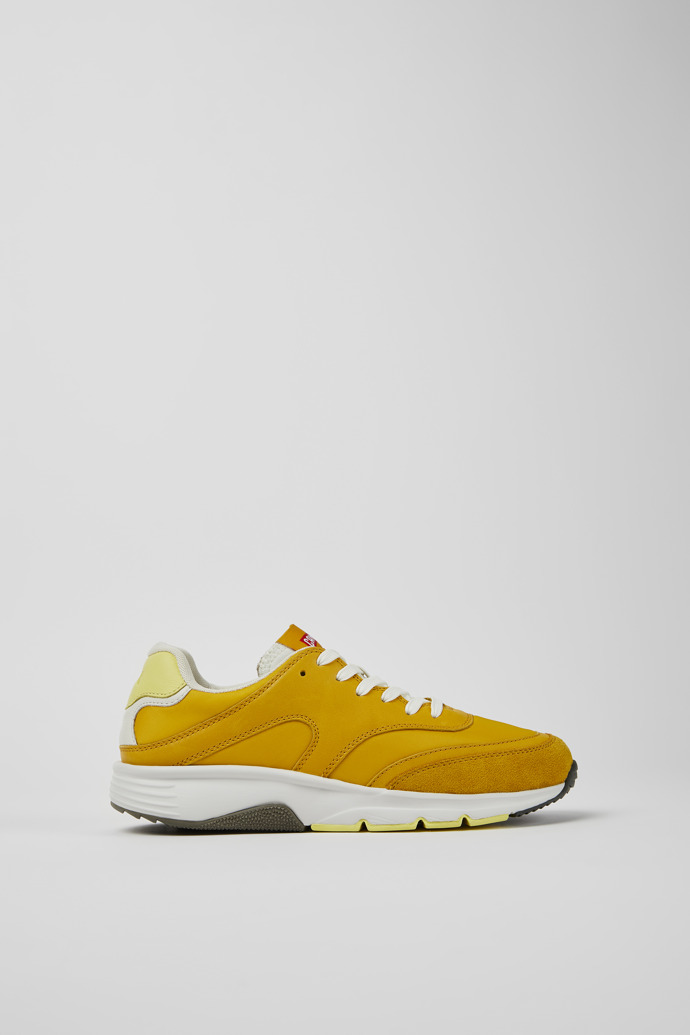 Image of Side view of Drift Yellow textile and leather sneakers for women
