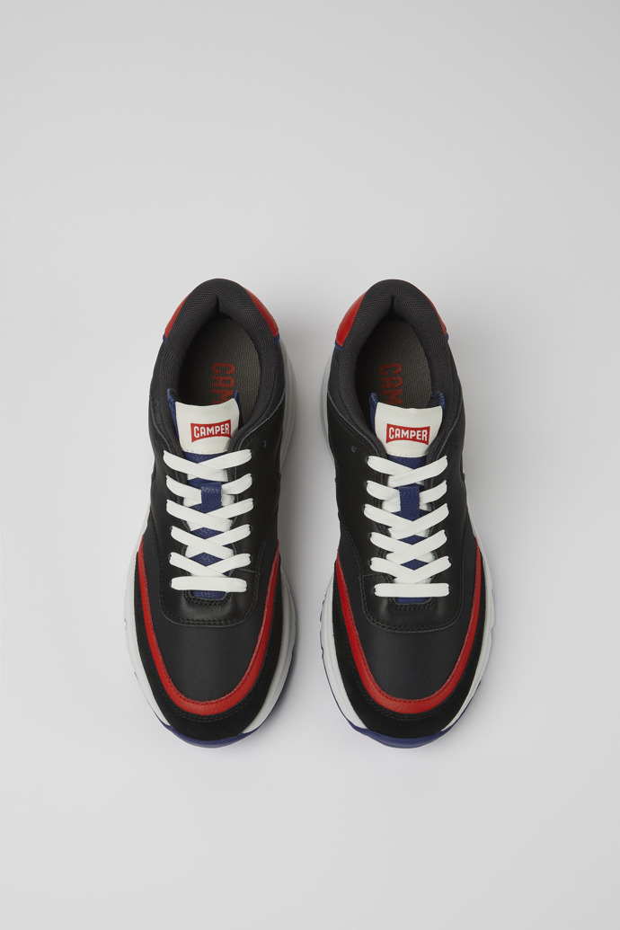 Overhead view of Drift Black and red textile and leather sneakers for women