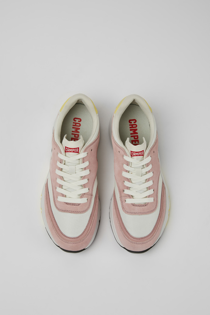 Overhead view of Drift White and pink textile and nubuck sneakers for women