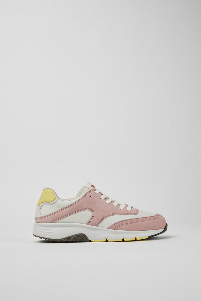 Image of Side view of Drift White and pink textile and nubuck sneakers for women