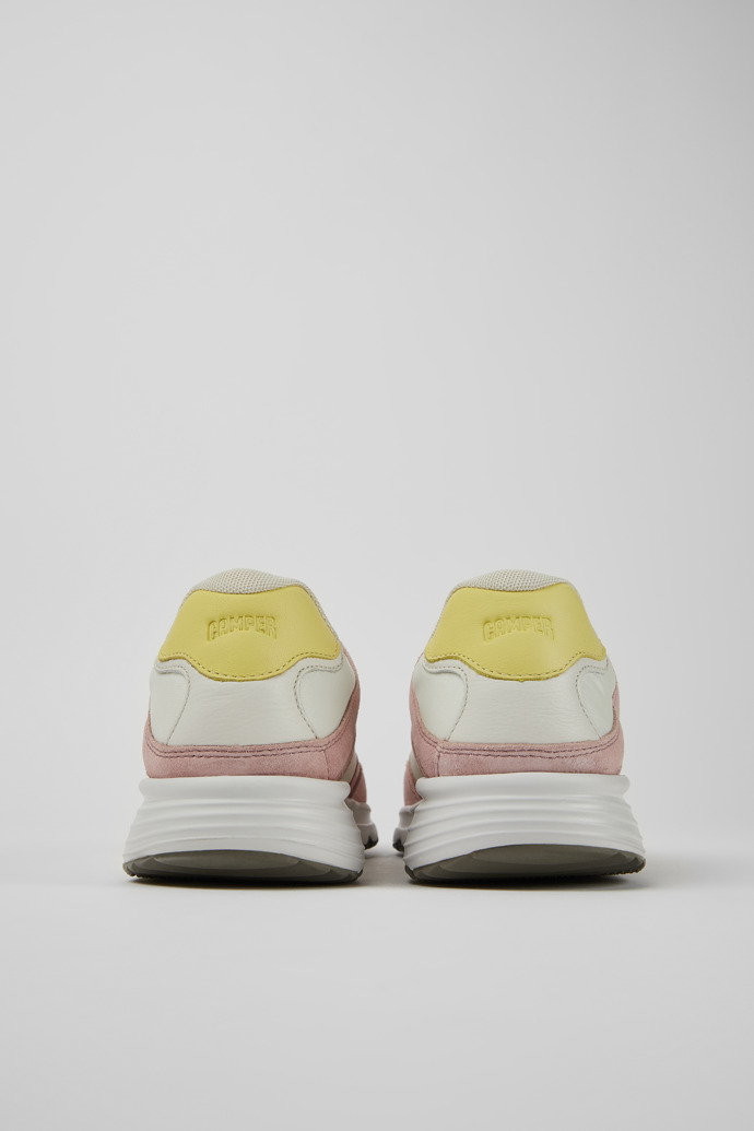 Back view of Drift White and pink textile and nubuck sneakers for women
