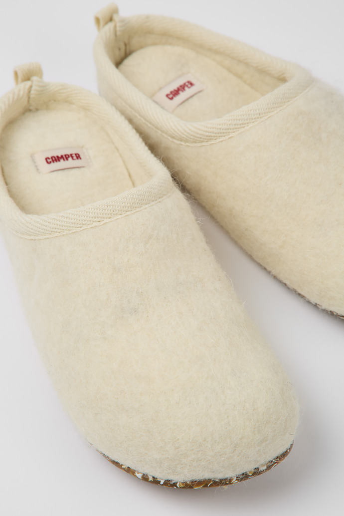 Close-up view of Wabi Beige wool slippers for women