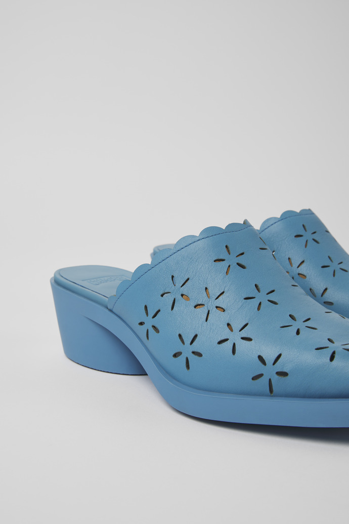 Close-up view of Bonnie Blue leather mules for women
