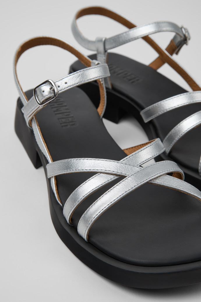 Close-up view of Twins Silver Leather Sandals for Women.