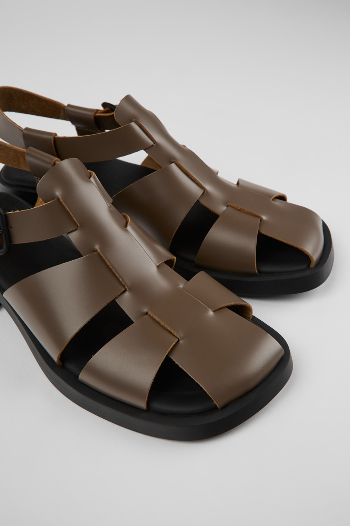Close-up view of Dana Brown leather sandals for women