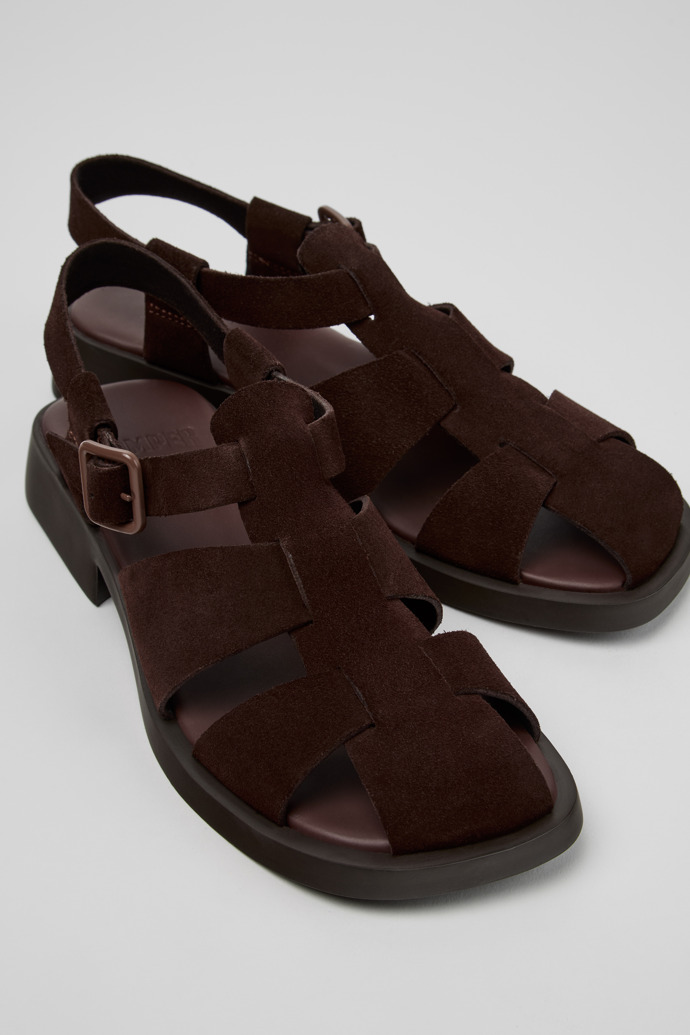Close-up view of Dana Brown Suede Sandals for Women.