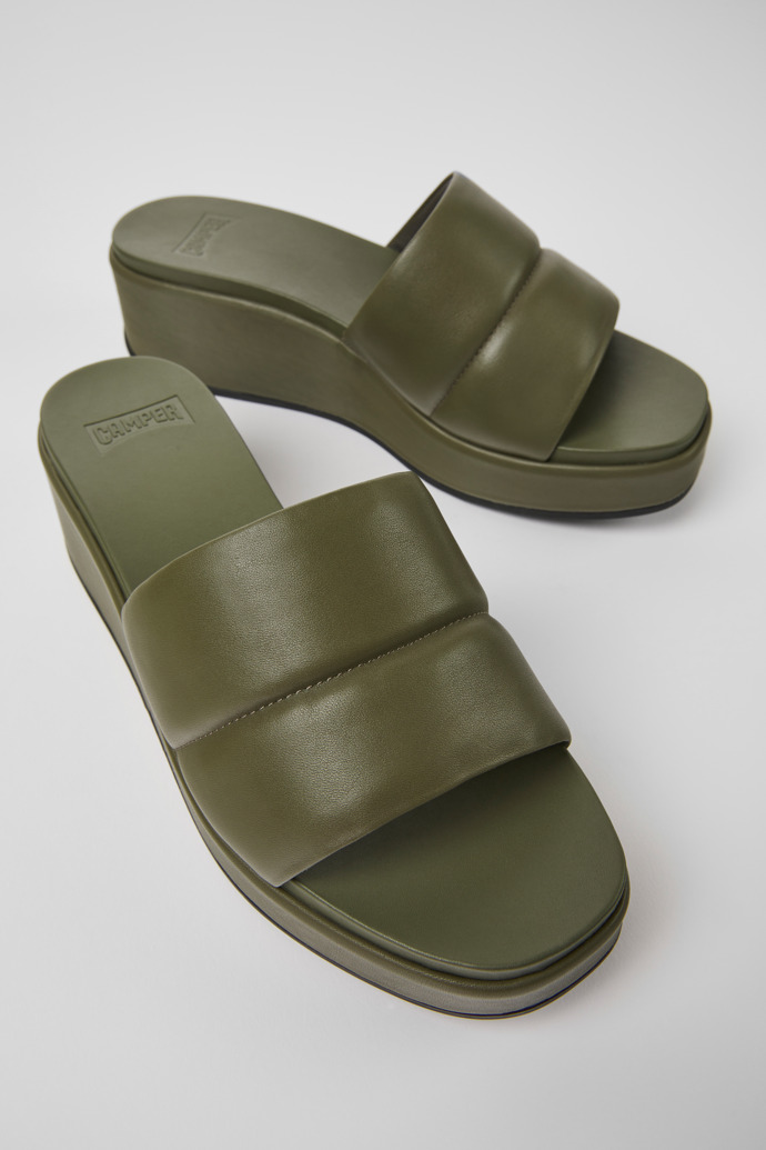 Close-up view of Misia Green leather sandals for women