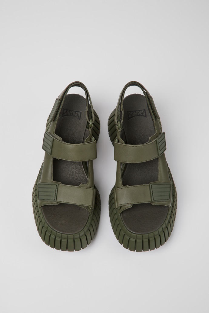 Overhead view of BCN Green leather sandals for women