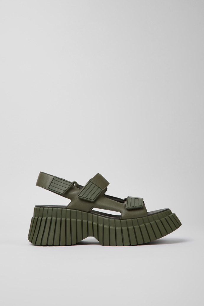 Side view of BCN Green leather sandals for women