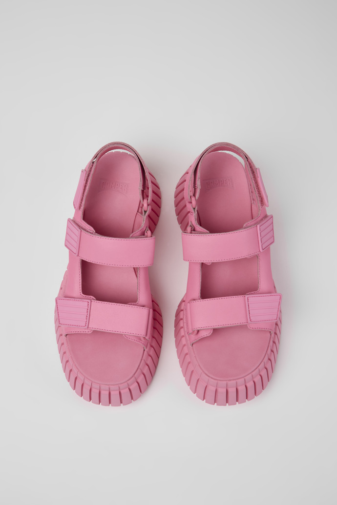 Overhead view of BCN Pink leather sandals for women