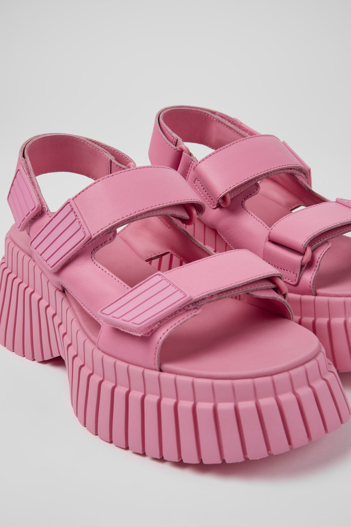 Close-up view of BCN Pink leather sandals for women