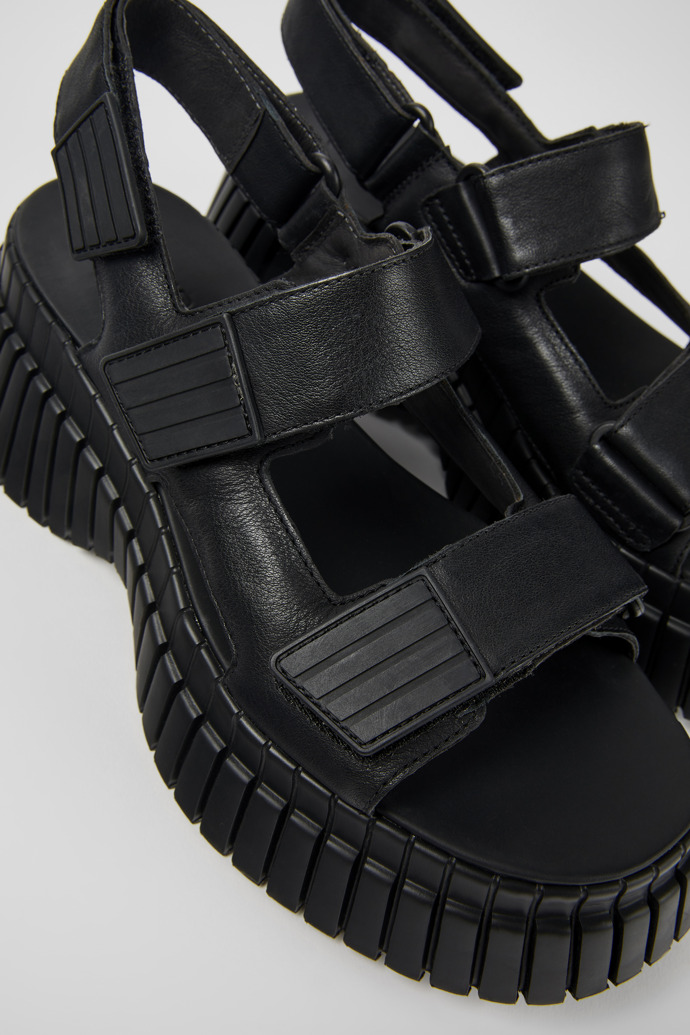Close-up view of BCN Black Leather 2-Strap Sandal for Women