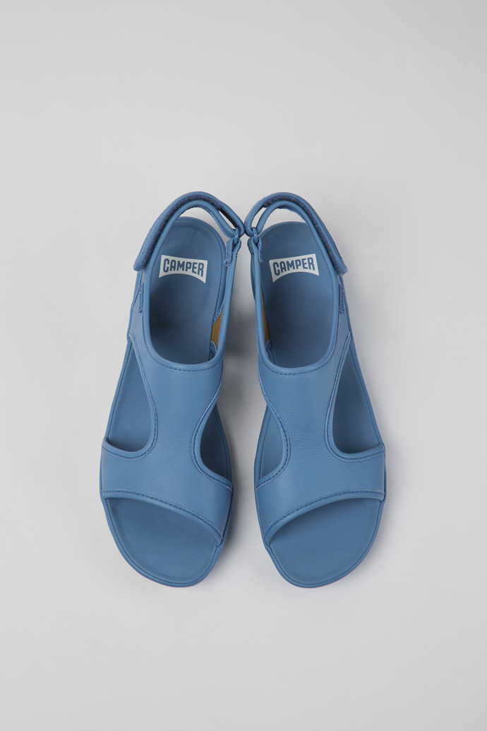 Overhead view of Right Blue leather sandals for women
