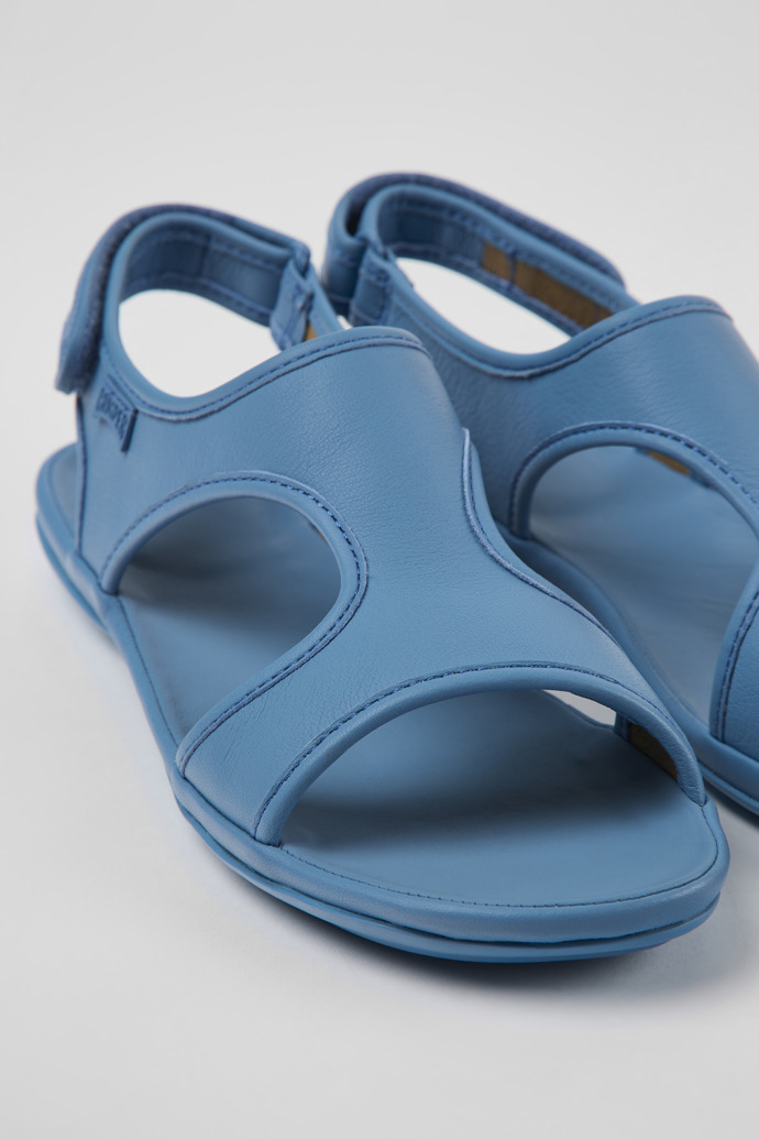 Close-up view of Right Blue leather sandals for women