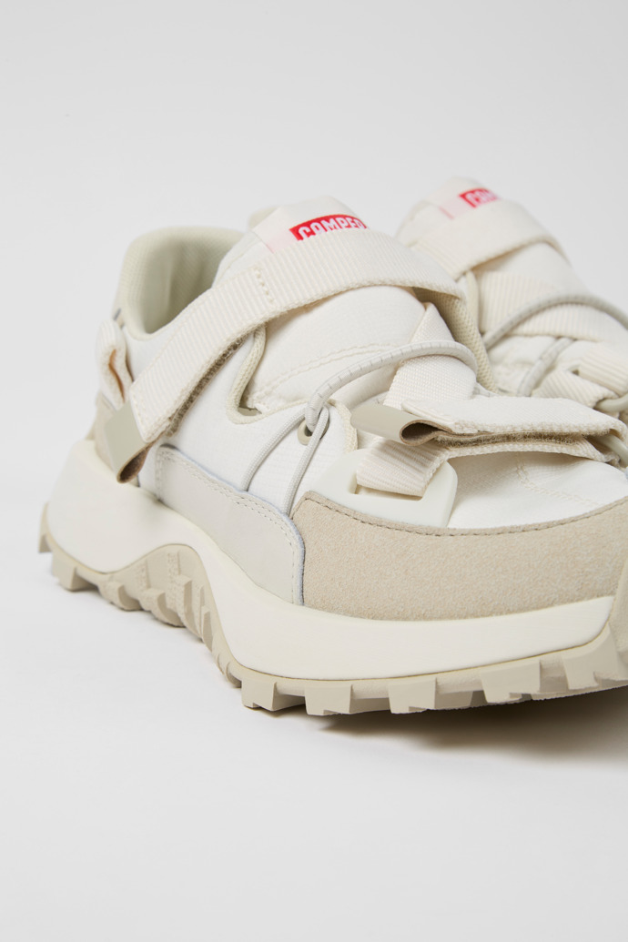 Close-up view of Drift Trail White textile and nubuck sneakers for women