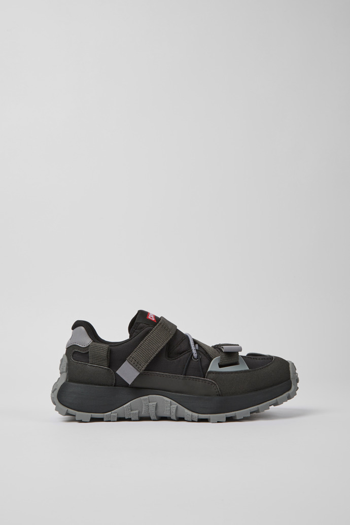 Side view of Drift Trail Black and gray textile and nubuck sneakers for women