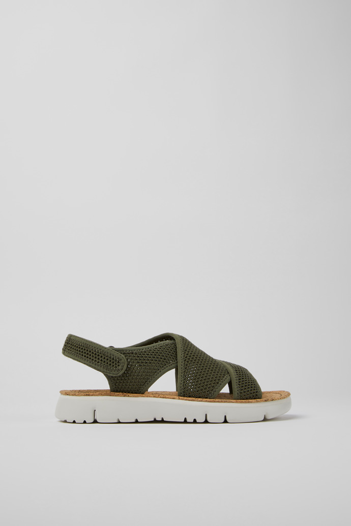 Image of Side view of Oruga Green textile sandals for women