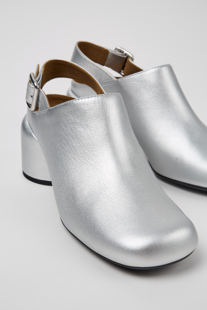 Close-up view of Niki Silver Leather Semi-Open Shoes for Women.