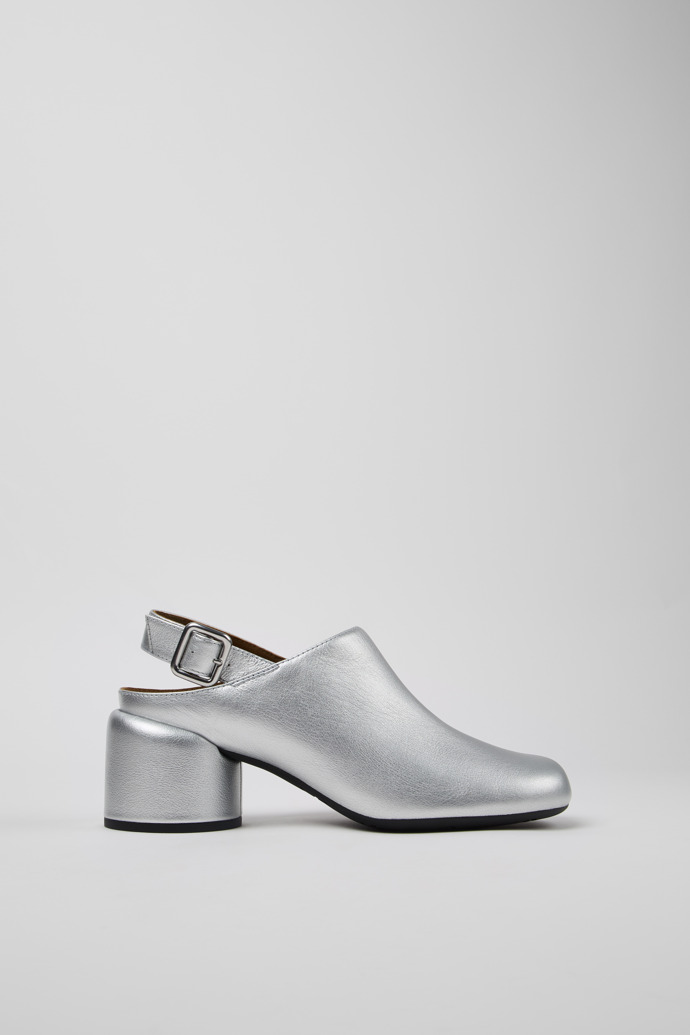 Side view of Niki Silver Leather Semi-Open Shoes for Women.