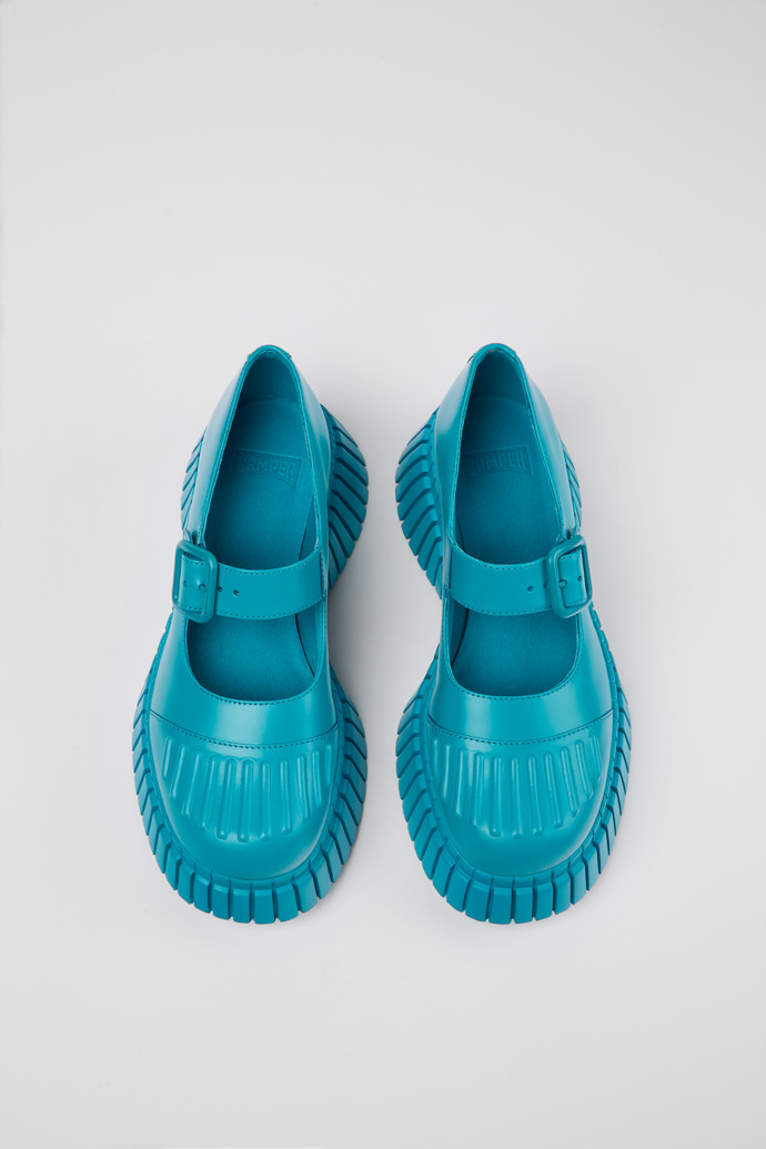 Overhead view of BCN Blue leather shoes for women