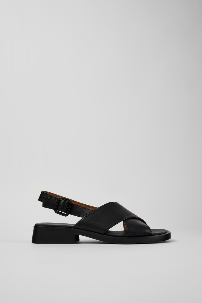 Image of Side view of Dana Black Leather Cross-strap Sandal for Women