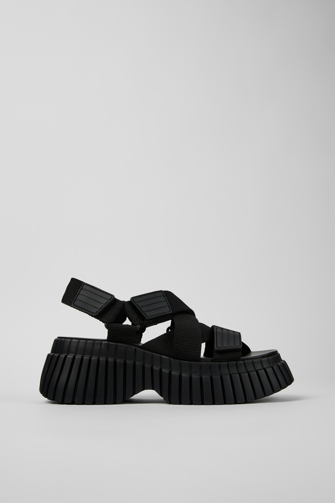 Image of Side view of BCN Black Textile Cross-strap Sandal for Women