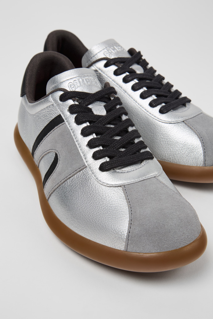 Close-up view of Pelotas Soller Silver-black Leather Women's Sneakers.