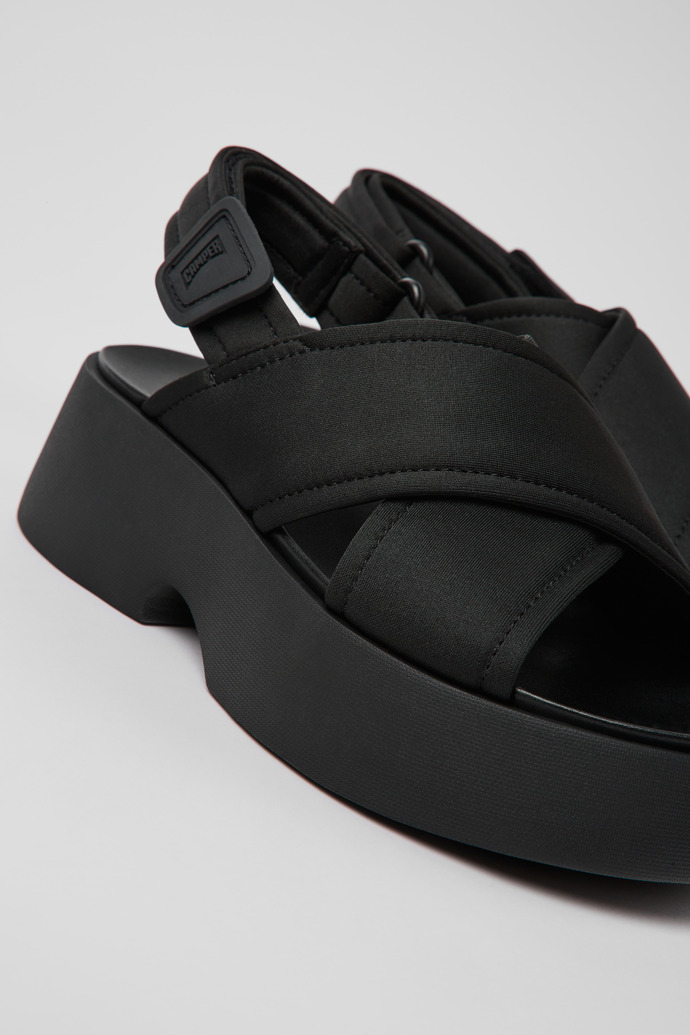 Close-up view of Tasha Black Textile Cross-strap Sandal for Women
