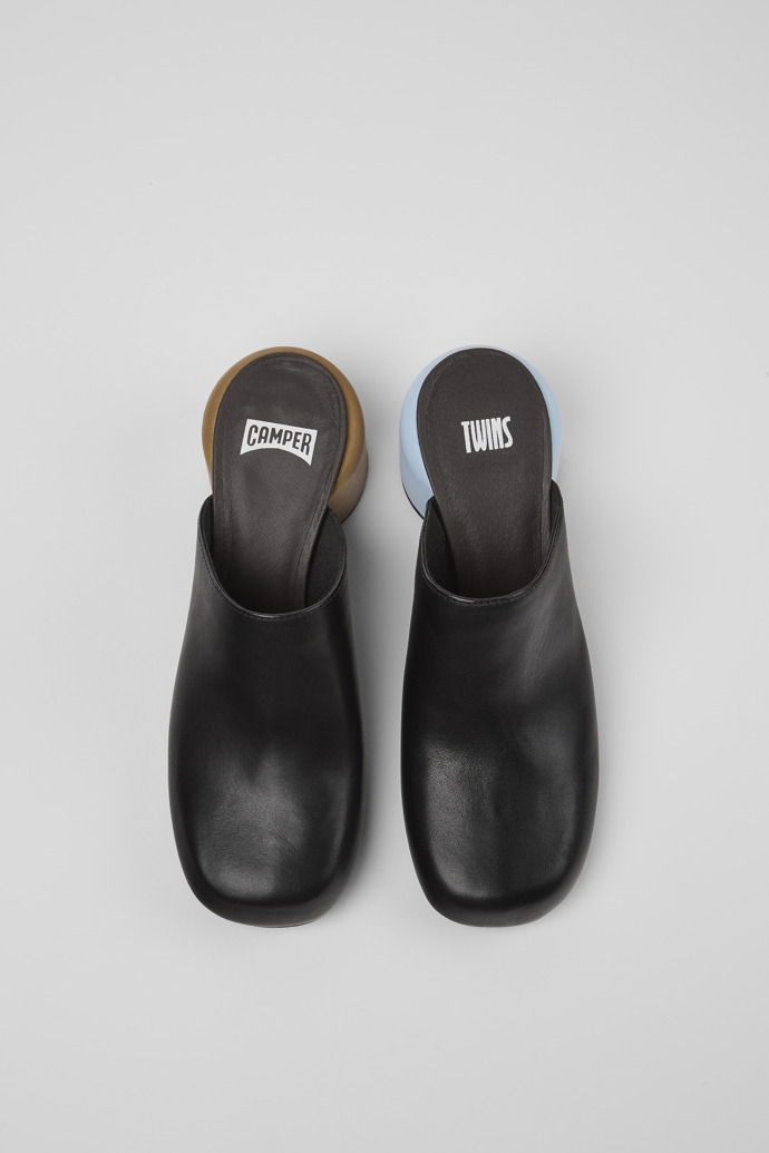 Image of Overhead view of Twins Black Leather Clogs for Women