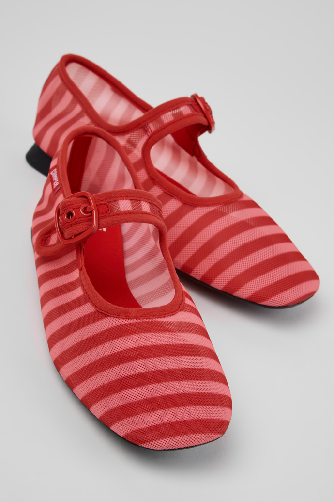 Close-up view of Casi Myra Red Textile Ballerinas for Women.
