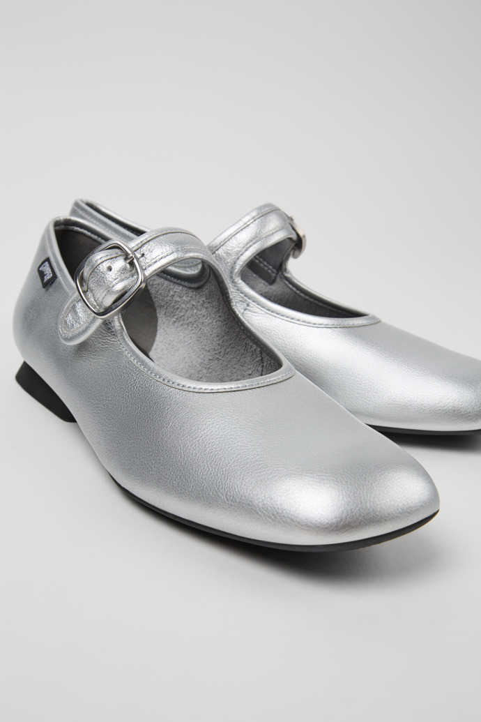 Close-up view of Casi Myra Silver Leather Shoes for Women.