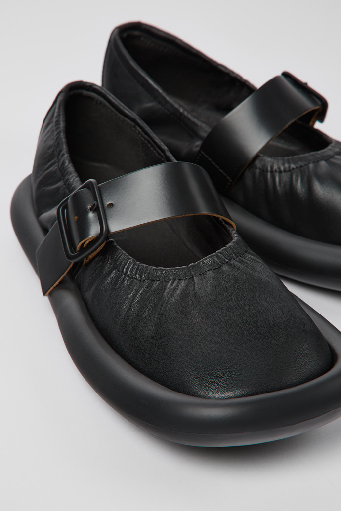 Close-up view of Aqua Black Leather Ballerina for Women