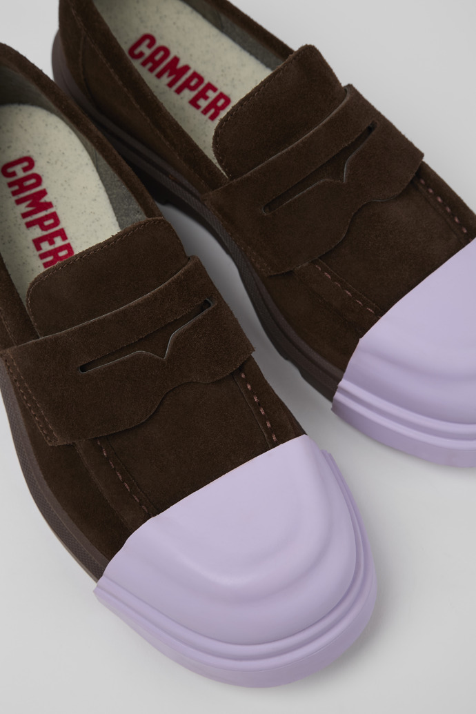 Close-up view of Junction Brown nubuck loafers for women