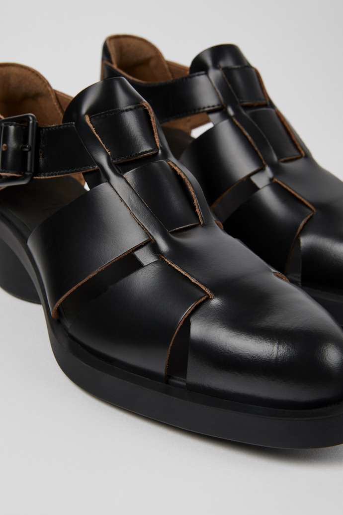 Close-up view of Bonnie Black Leather Sandal for Women