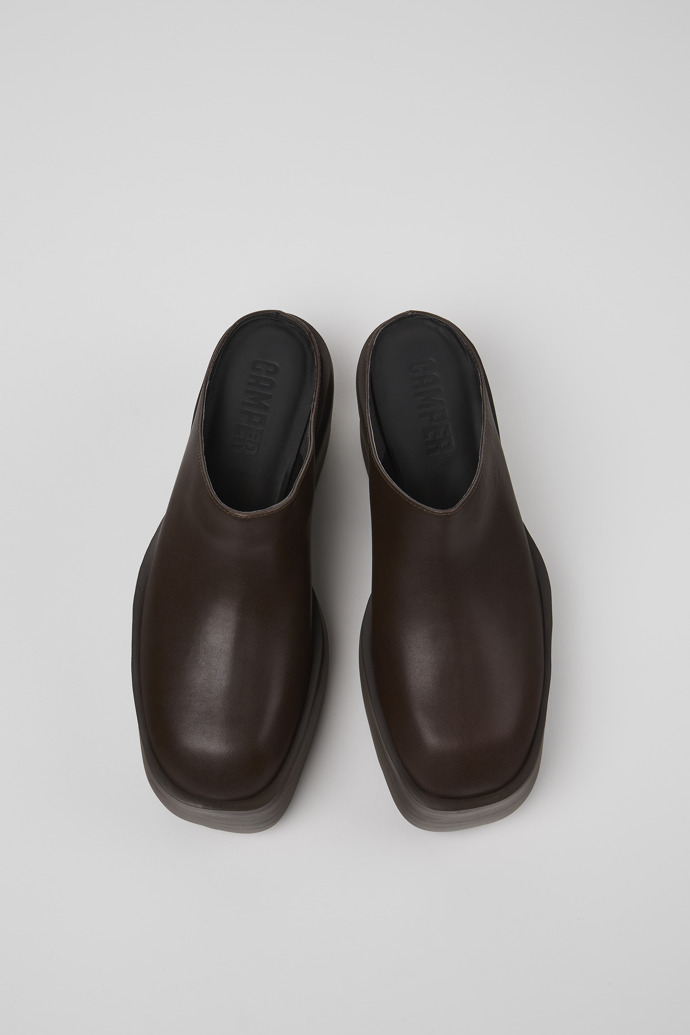 Overhead view of Billie Brown leather clogs for women