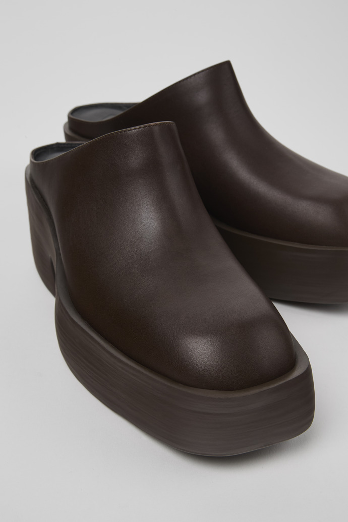 Close-up view of Billie Brown leather clogs for women