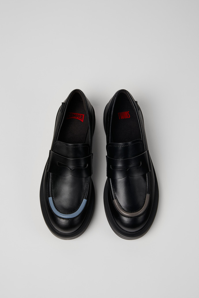 Overhead view of Twins Black leather loafers for women