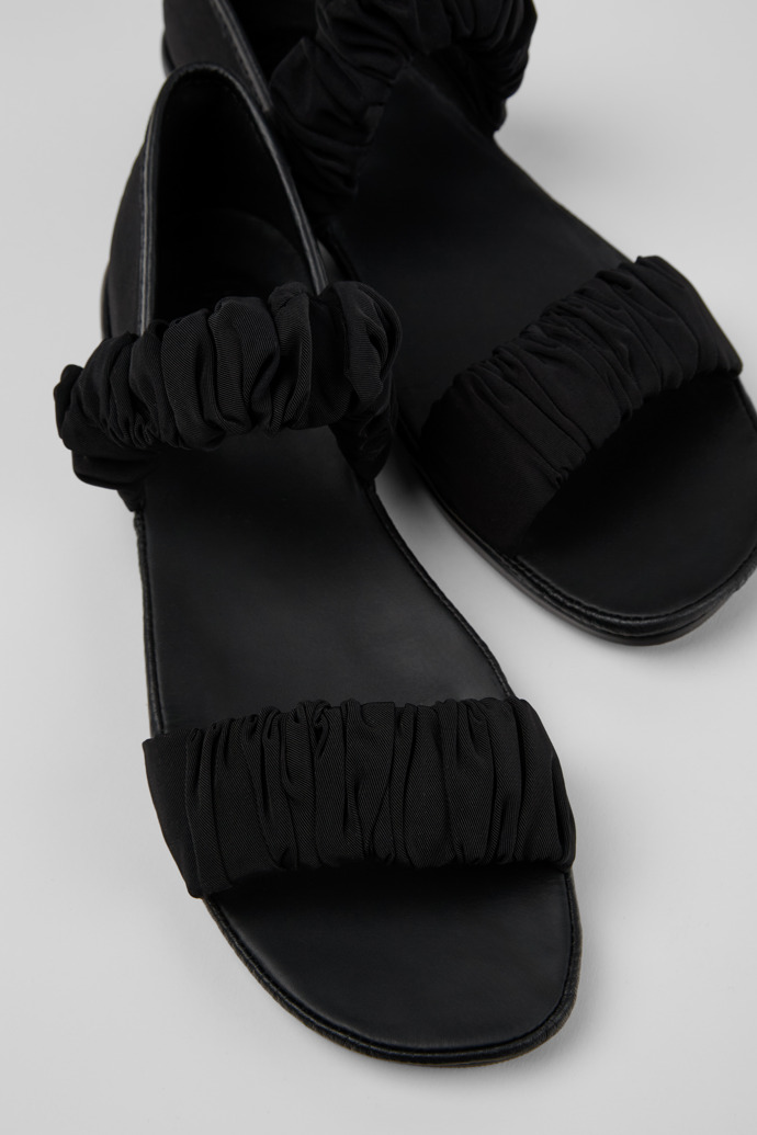 Close-up view of Right Black Recycled PET and Leather Sandals for Women.