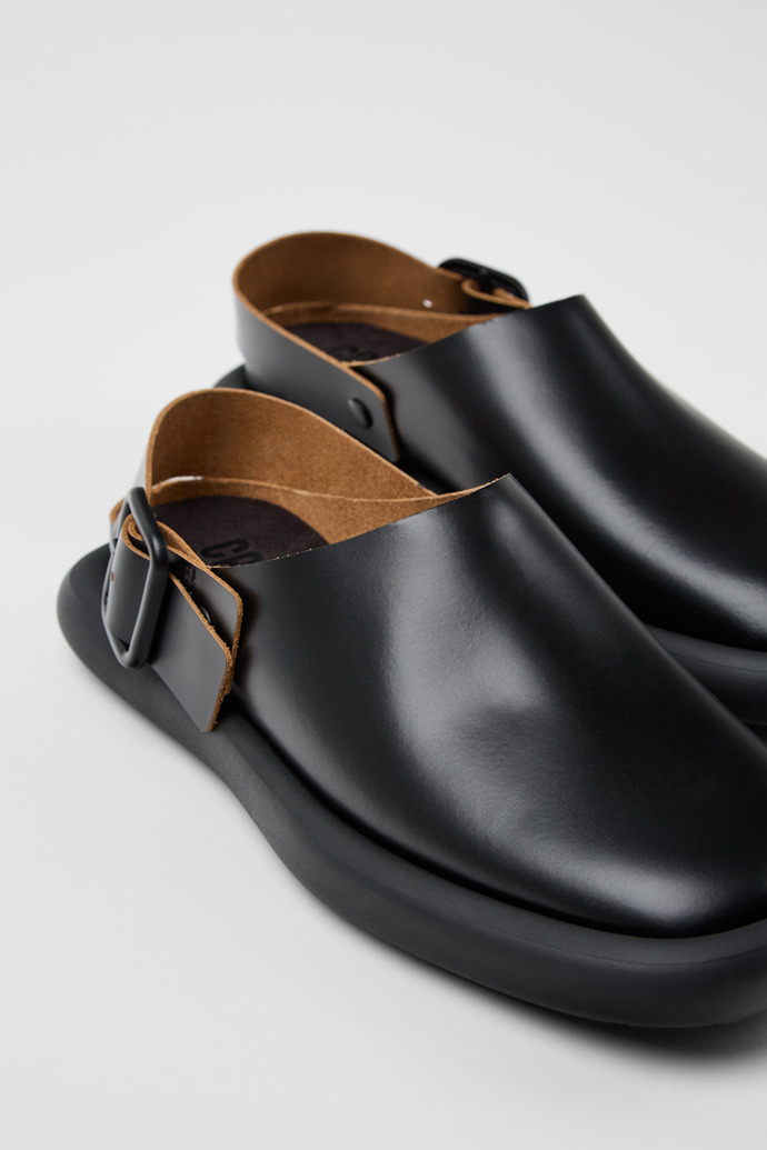 Close-up view of Onda Black Leather Sandals for Women.