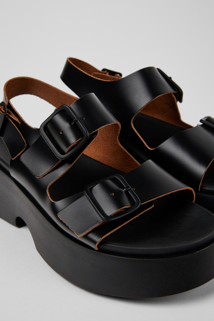 Close-up view of Tasha Black Leather Sandals for Women.