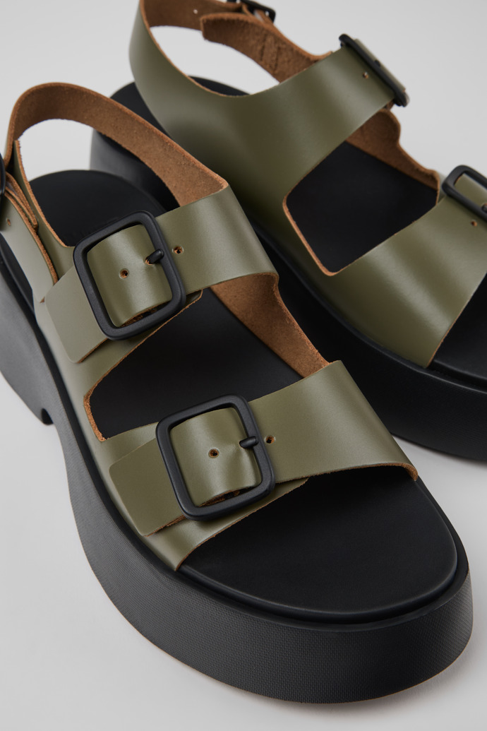 Close-up view of Tasha Green Leather Sandals for Women.
