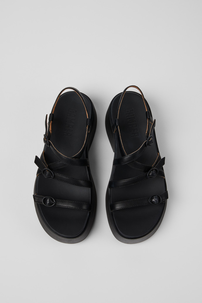 Overhead view of Tasha Black Leather Sandals for Women.